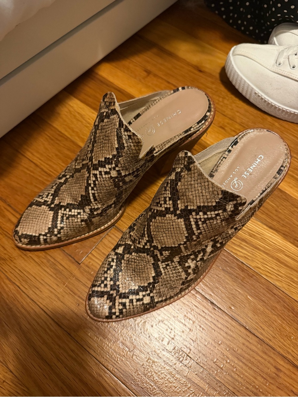 Chinese Laundry Snake-Print Slip-On Mules in Tan and Brown